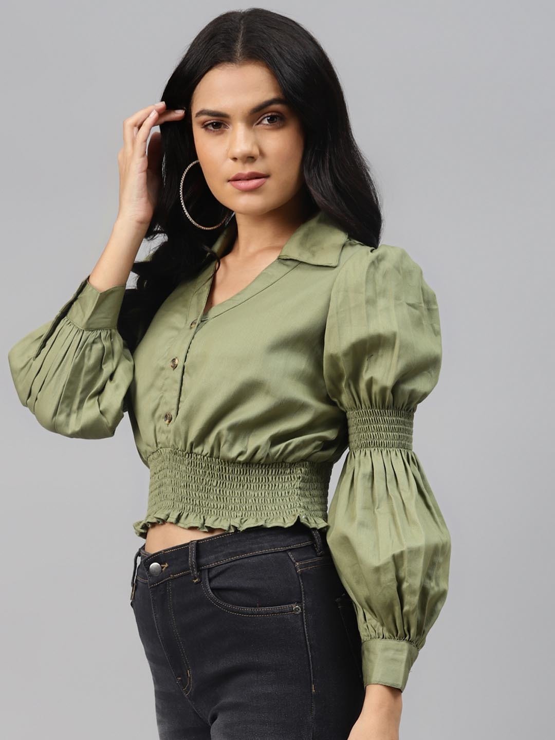 plusS Splendid Olive Solid Smocked Crop Top