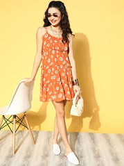 plusS Women Bright Orange Romantic Florals Dress