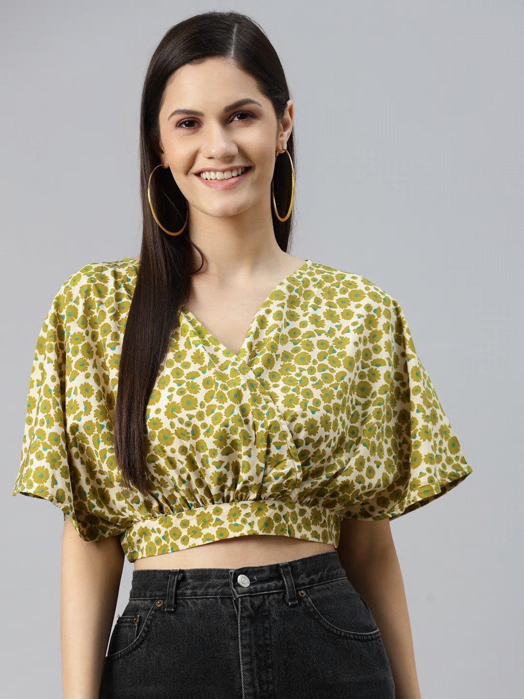 plusS Green Floral Print Wrap Top