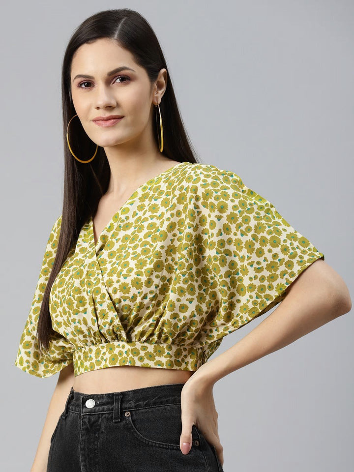 plusS Green Floral Print Wrap Top