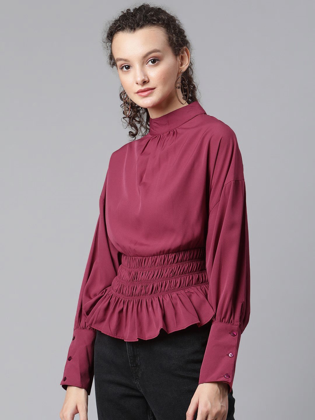 plusS Women Maroon Solid Smocked Top