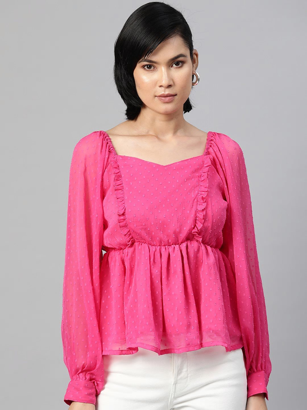 plusS Pink Self Design Cuffed Sleeves Cinched Waist Top