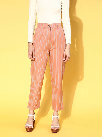 plusS Women Attractive Peach Striped Volume Play Trousers