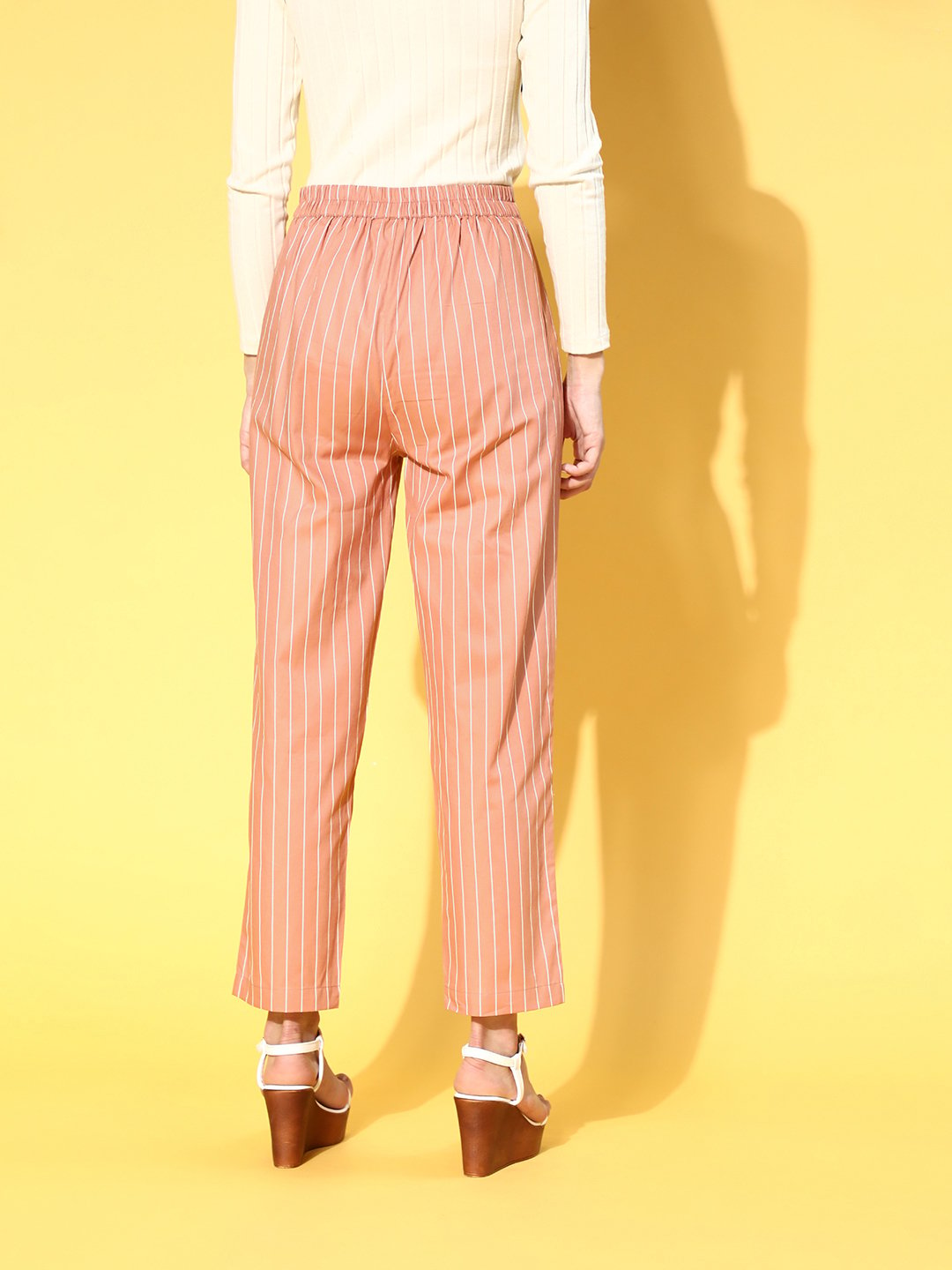 plusS Women Attractive Peach Striped Volume Play Trousers