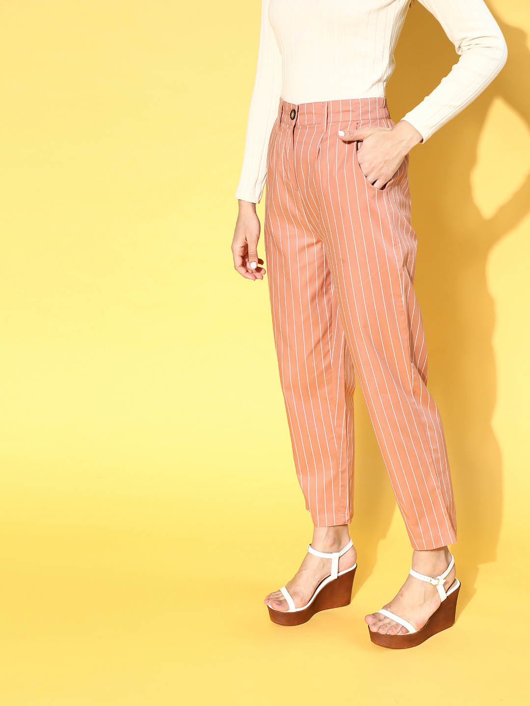 plusS Women Attractive Peach Striped Volume Play Trousers