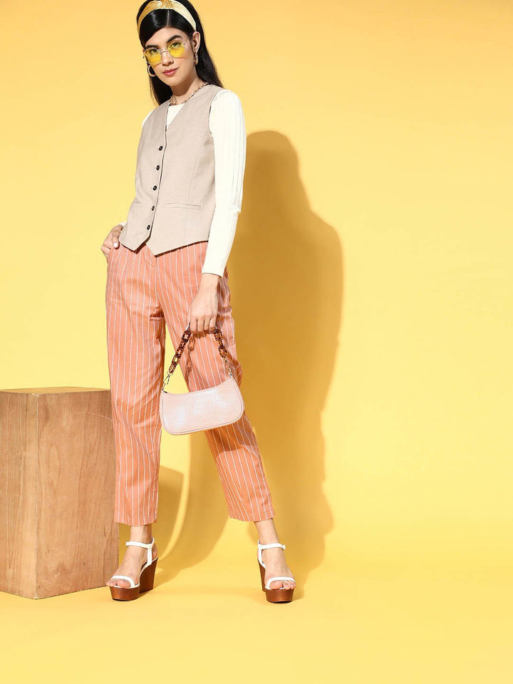 plusS Women Attractive Peach Striped Volume Play Trousers