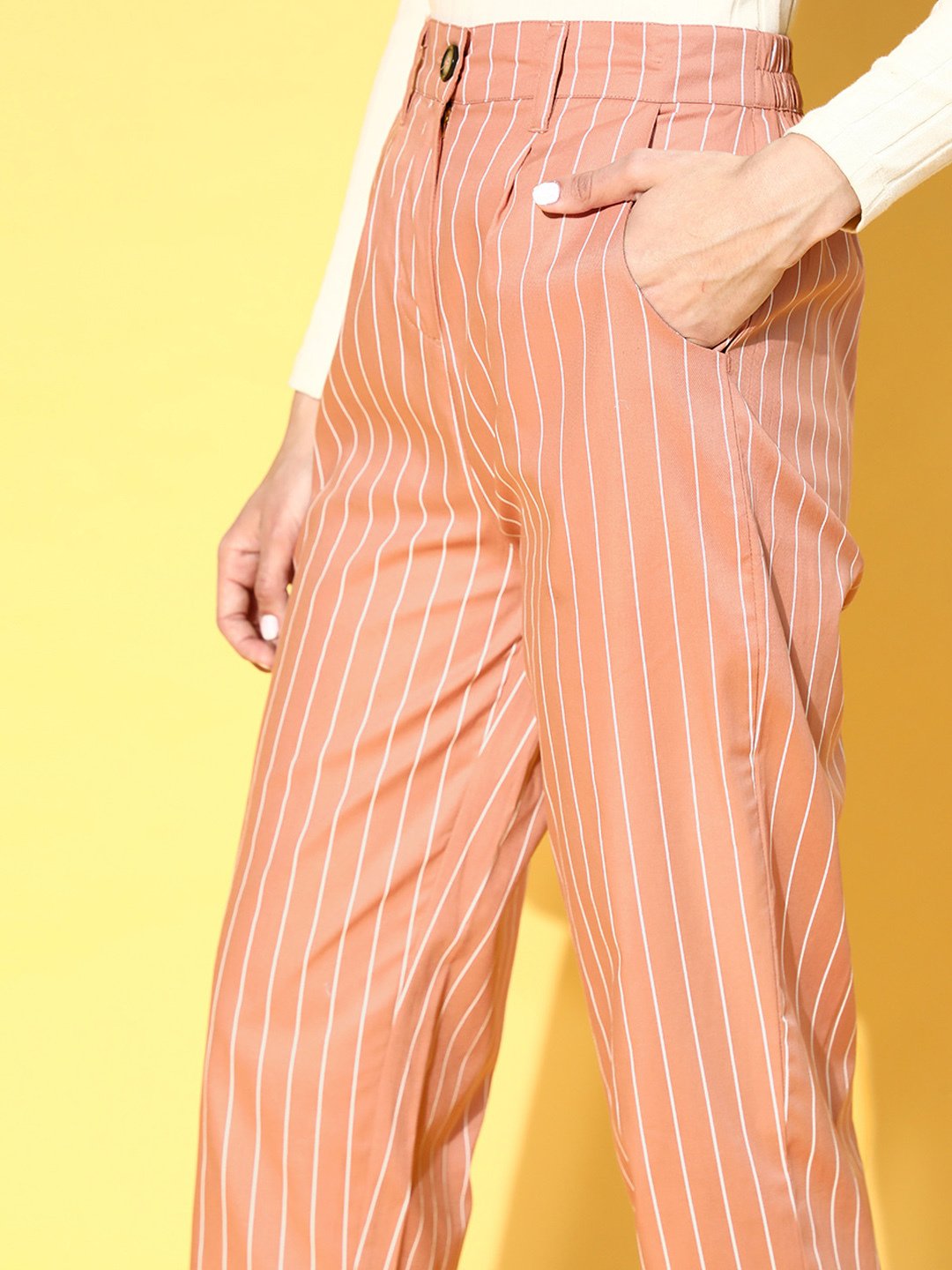 plusS Women Attractive Peach Striped Volume Play Trousers