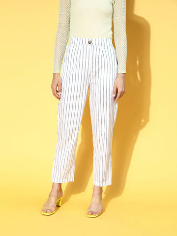 plusS Women Classic White Striped Volume Play Trousers