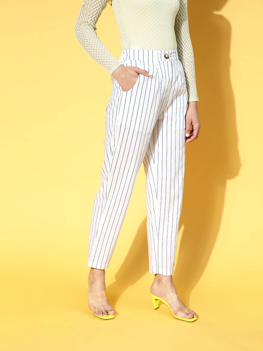 plusS Women Classic White Striped Volume Play Trousers