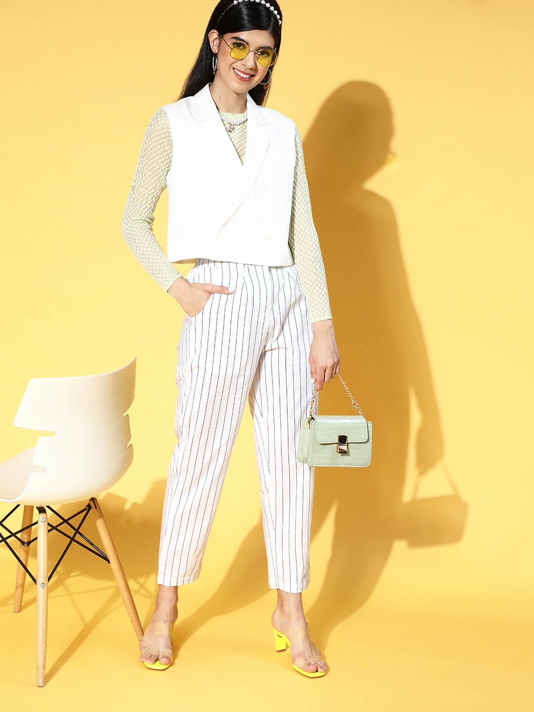 plusS Women Classic White Striped Volume Play Trousers – pluss.in