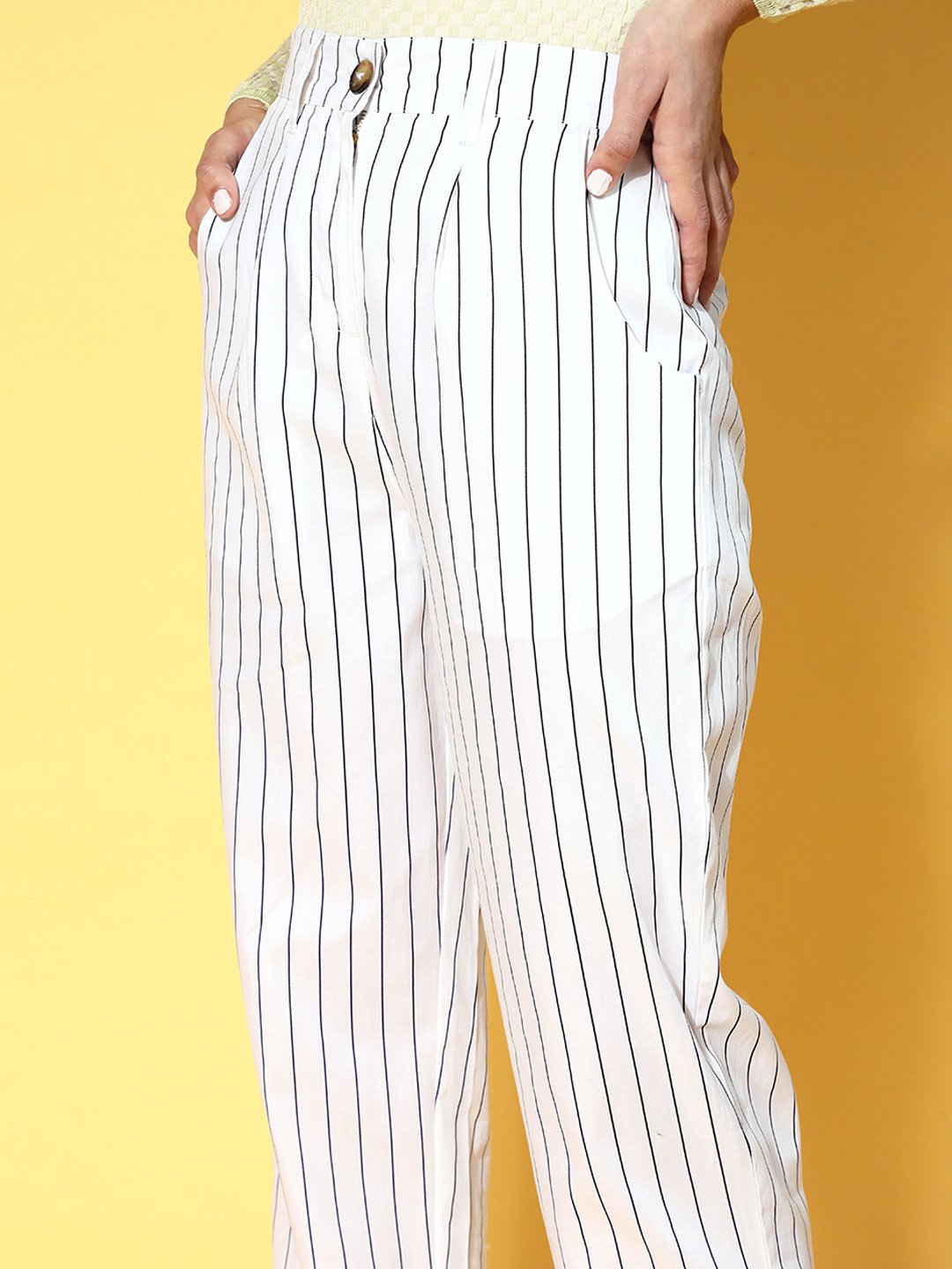 plusS Women Classic White Striped Volume Play Trousers