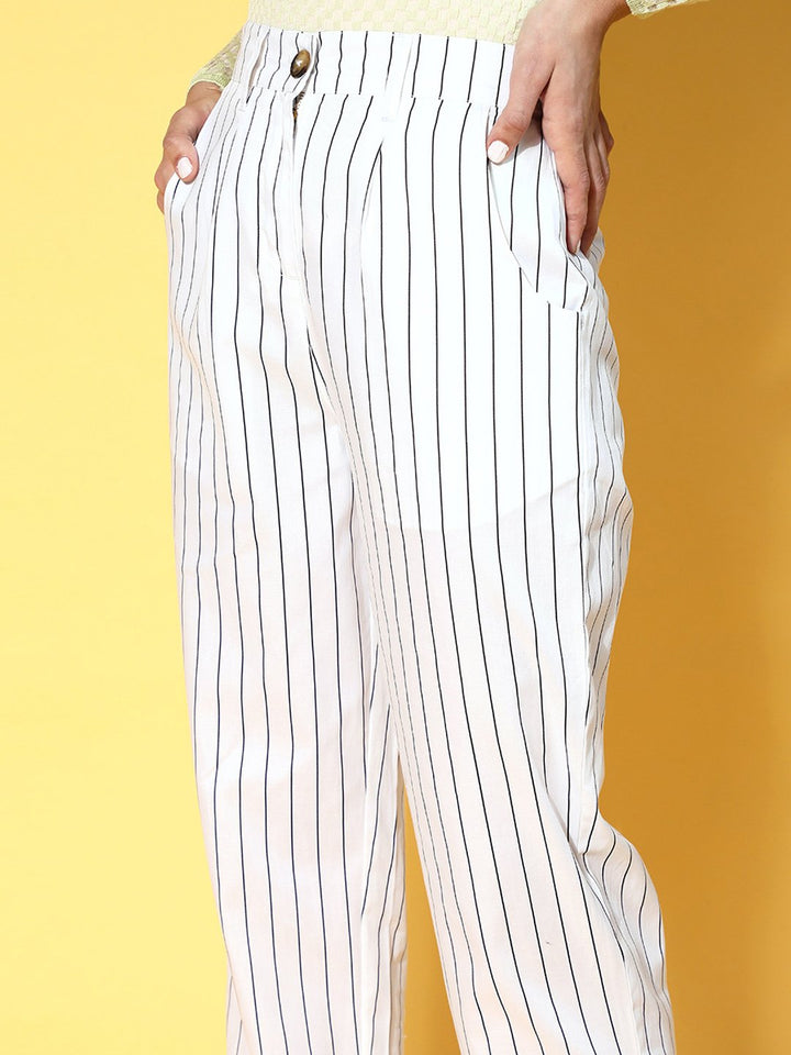 plusS Women Classic White Striped Volume Play Trousers