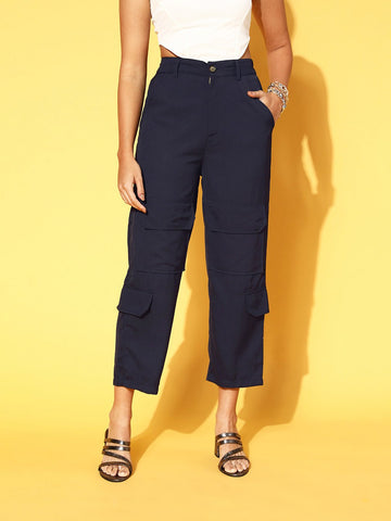 plusS Women Navy Blue Solid Volume Play Trousers