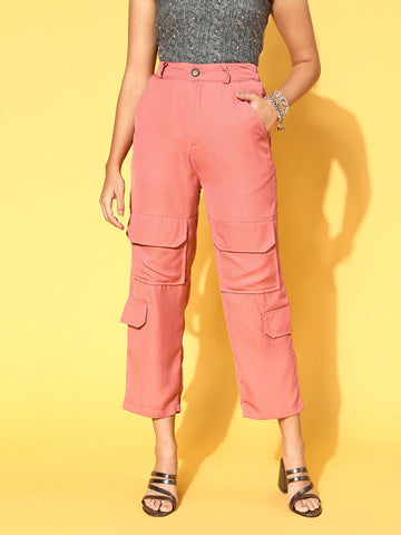 plusS Women Peach Solid Volume Play Trousers