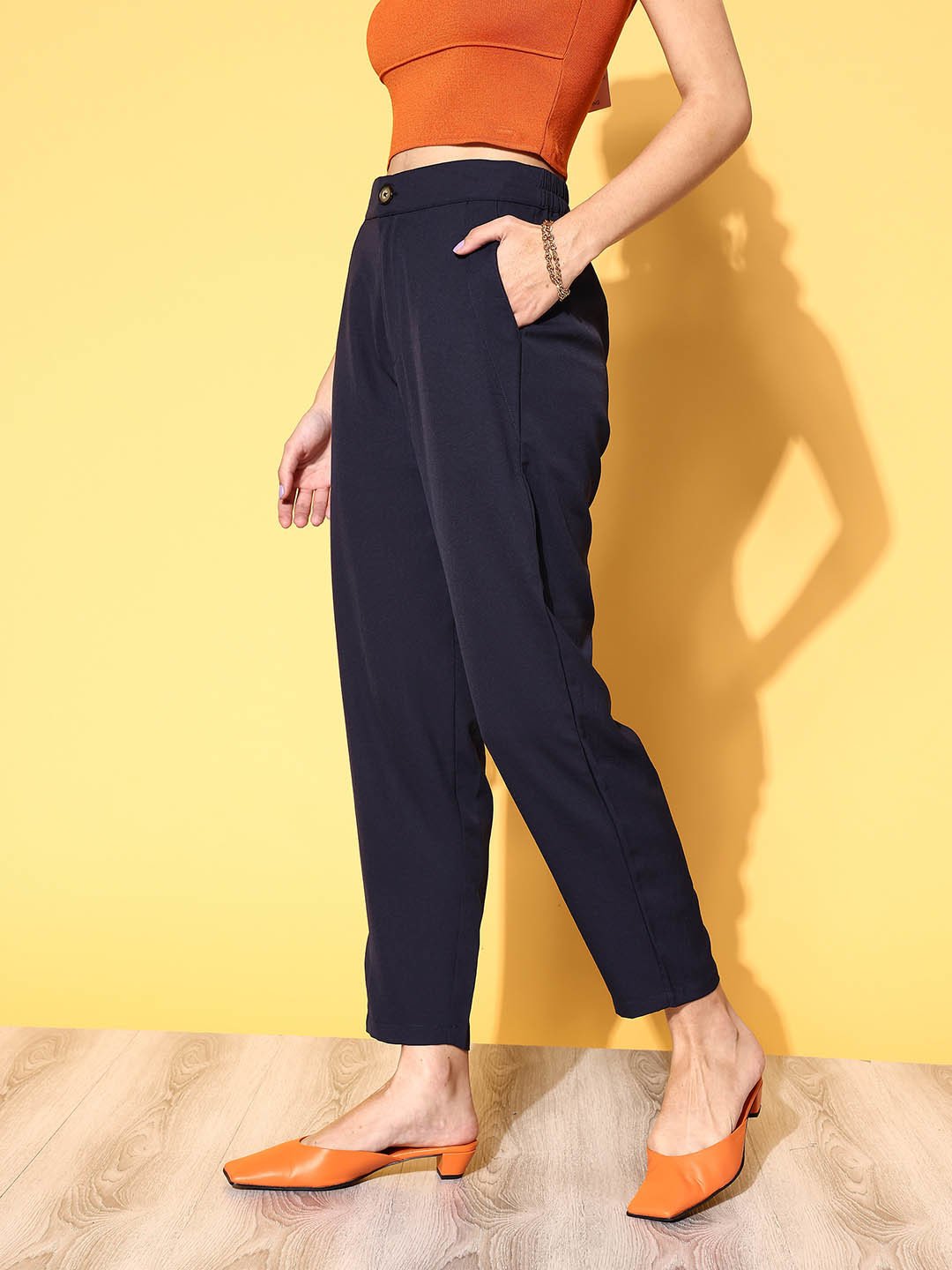 plusS Women Attractive Navy Blue Solid Roman Column Trousers