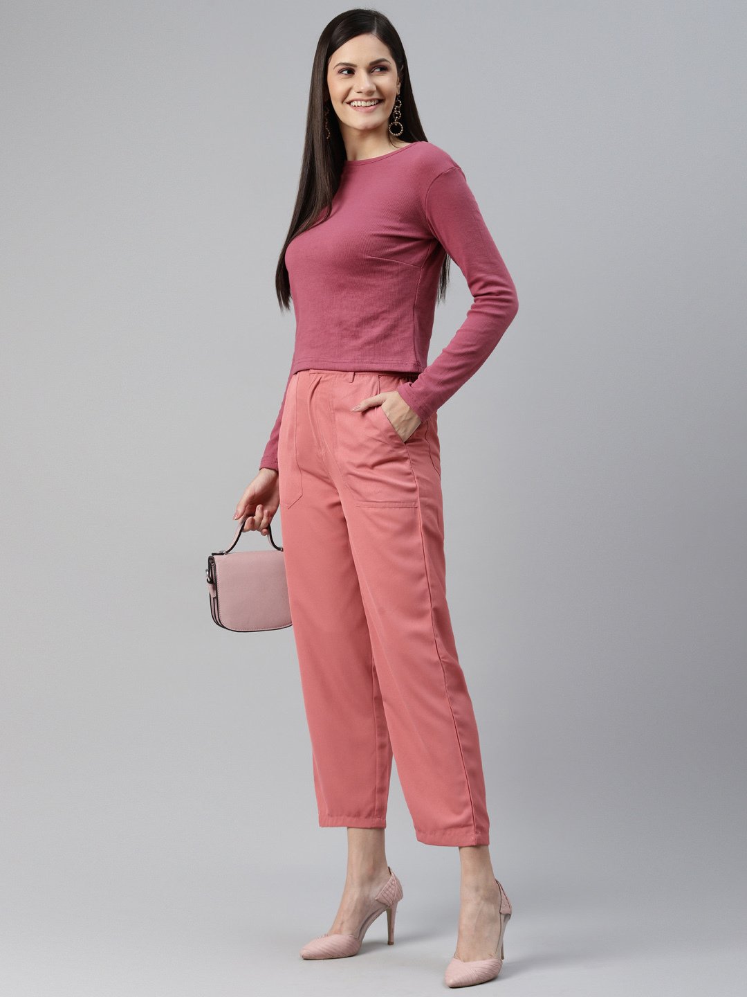 plusS Women Peach-Coloured Cropped Trousers