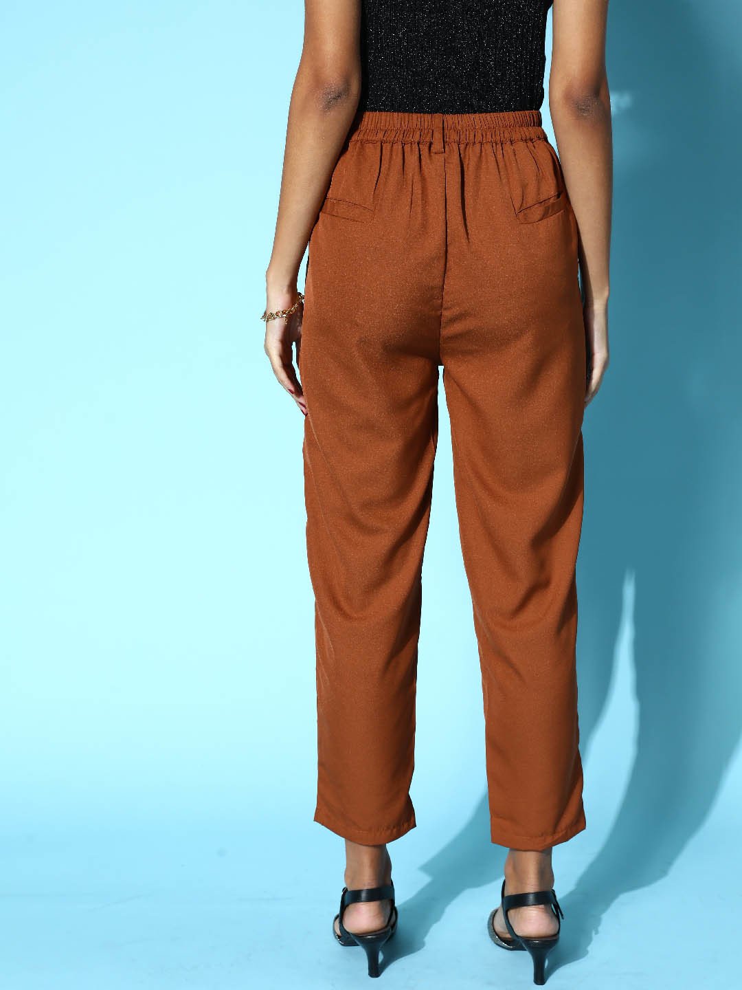 plusS Women Brown Solid High-Rise Pleated Trousers