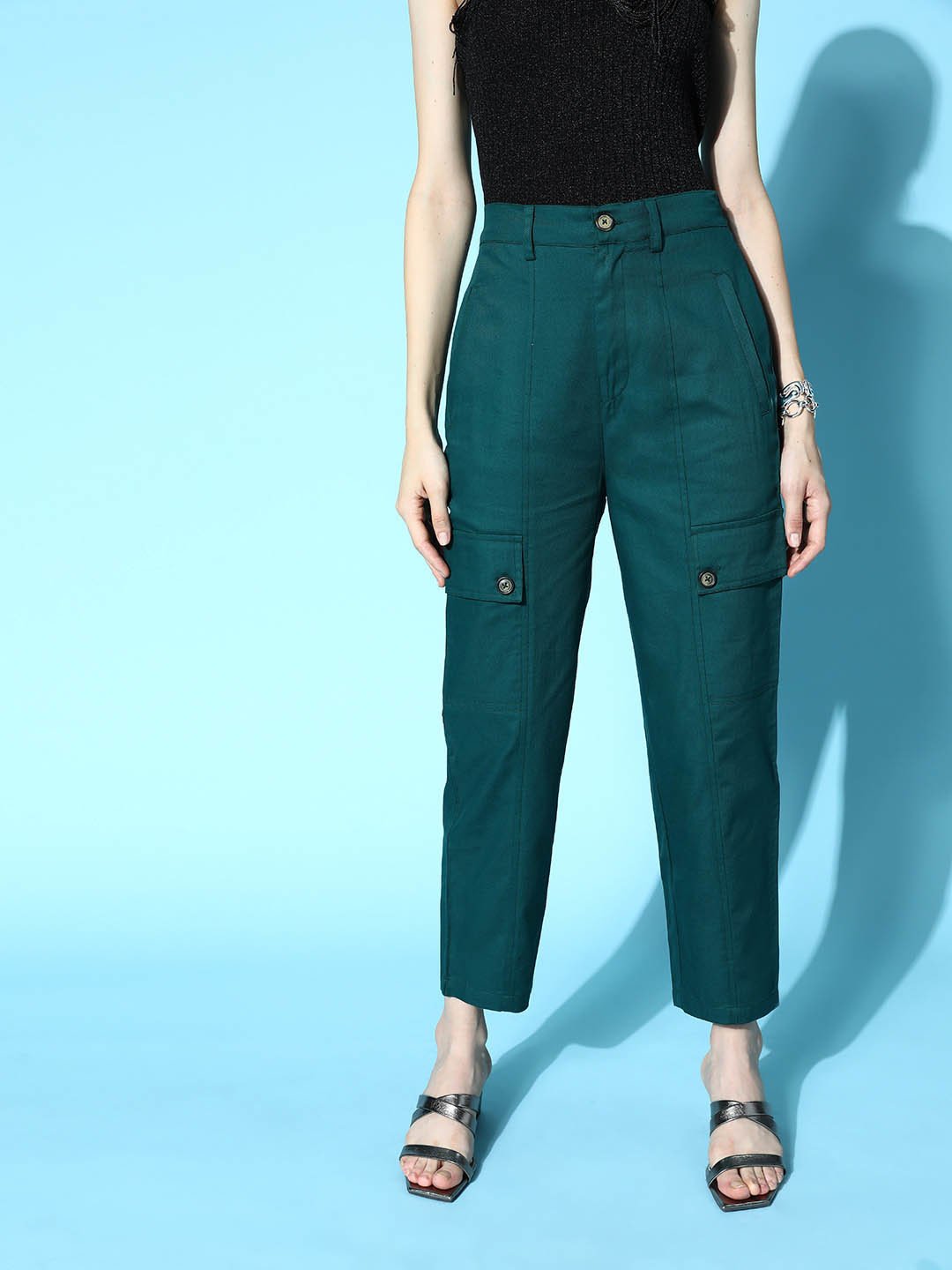 plusS Women Tranquil Teal Solid Y2K Cargo Trousers