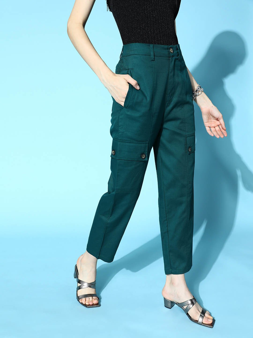 plusS Women Tranquil Teal Solid Y2K Cargo Trousers