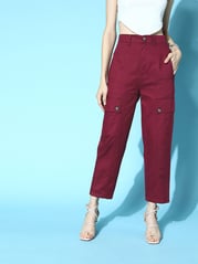 plusS Women Maroon Solid Y2K Cargo Trousers