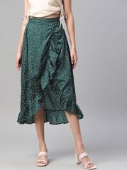 plusS Women Green  White Polka Dots Printed Midi Wrap Skirt