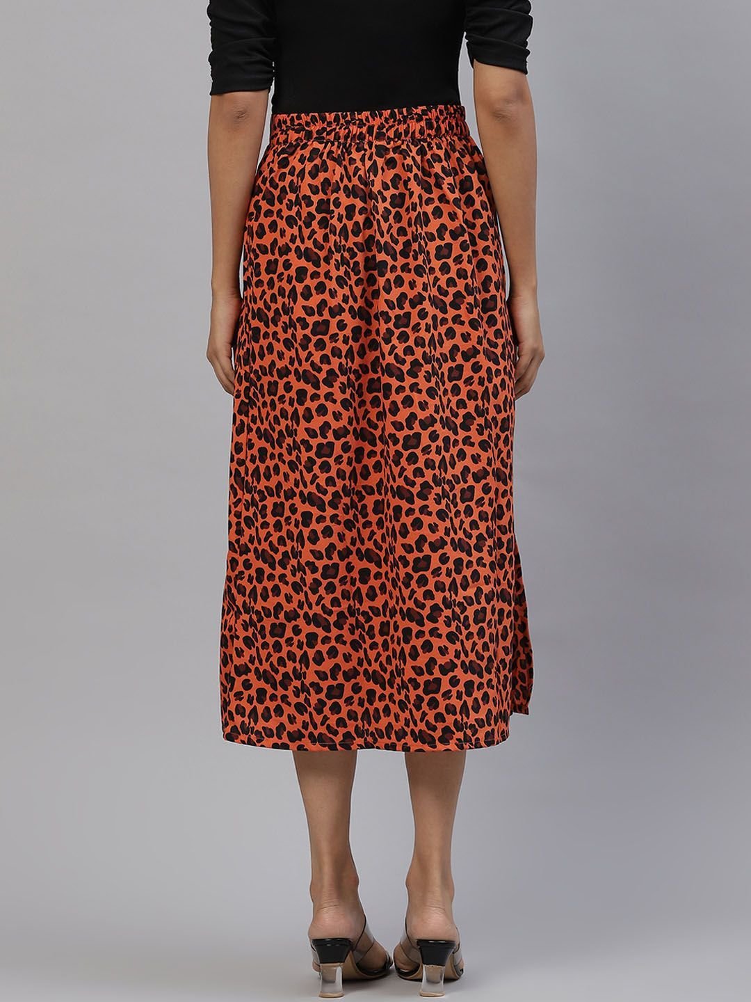 plusS Women Orange  Black Animal Printed A-Line Midi Skirt