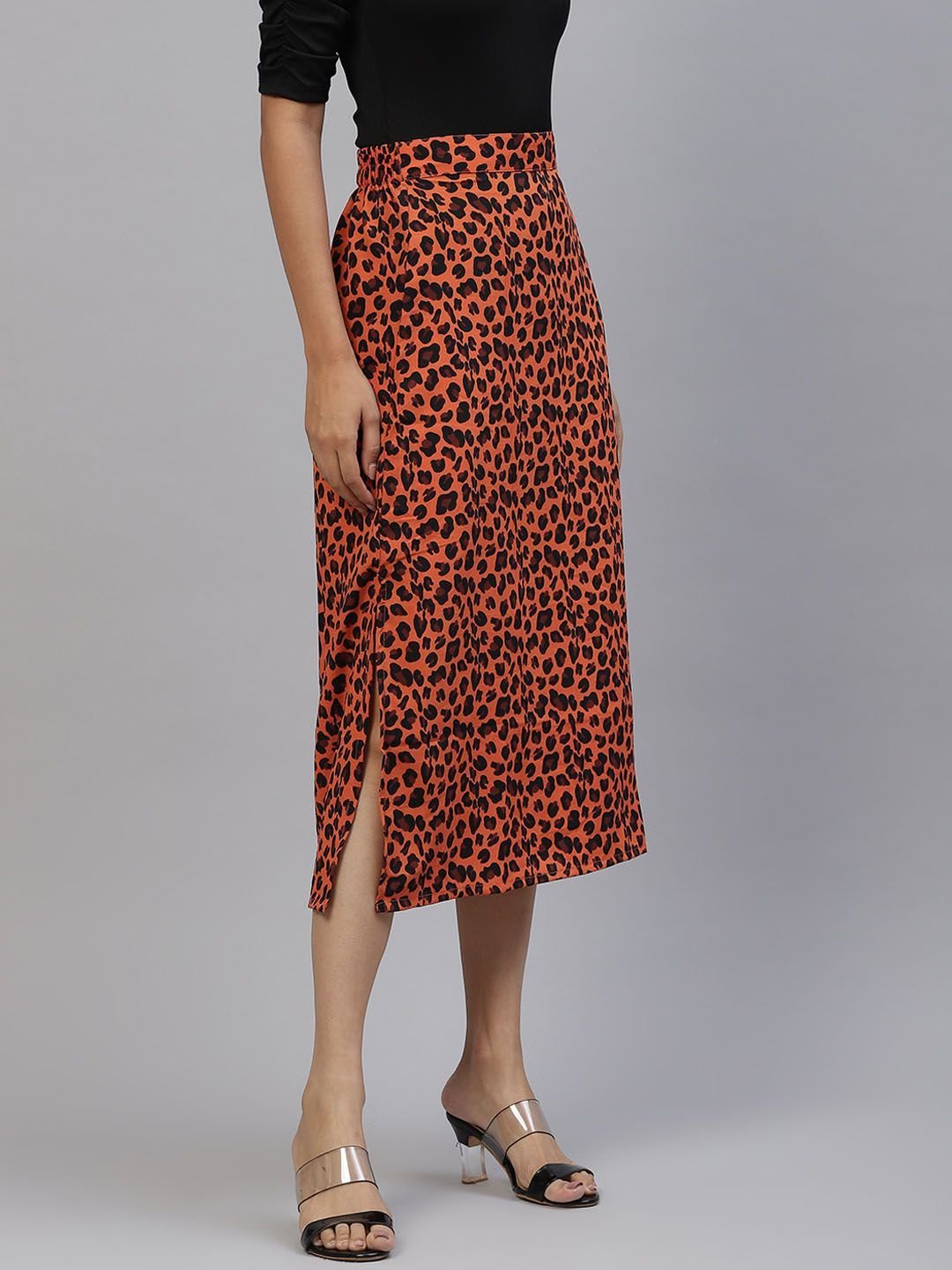 plusS Women Orange  Black Animal Printed A-Line Midi Skirt