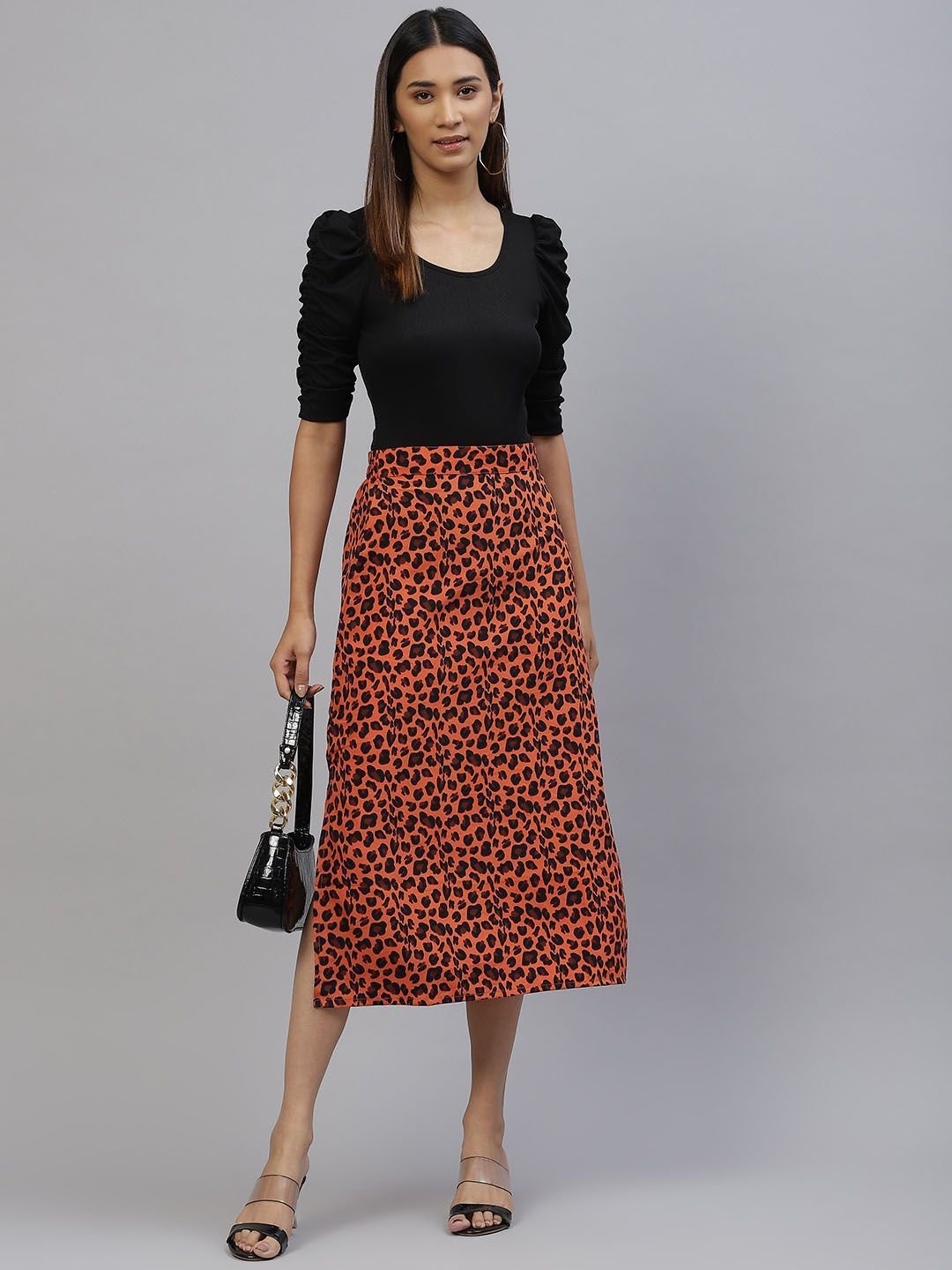 plusS Women Orange  Black Animal Printed A-Line Midi Skirt