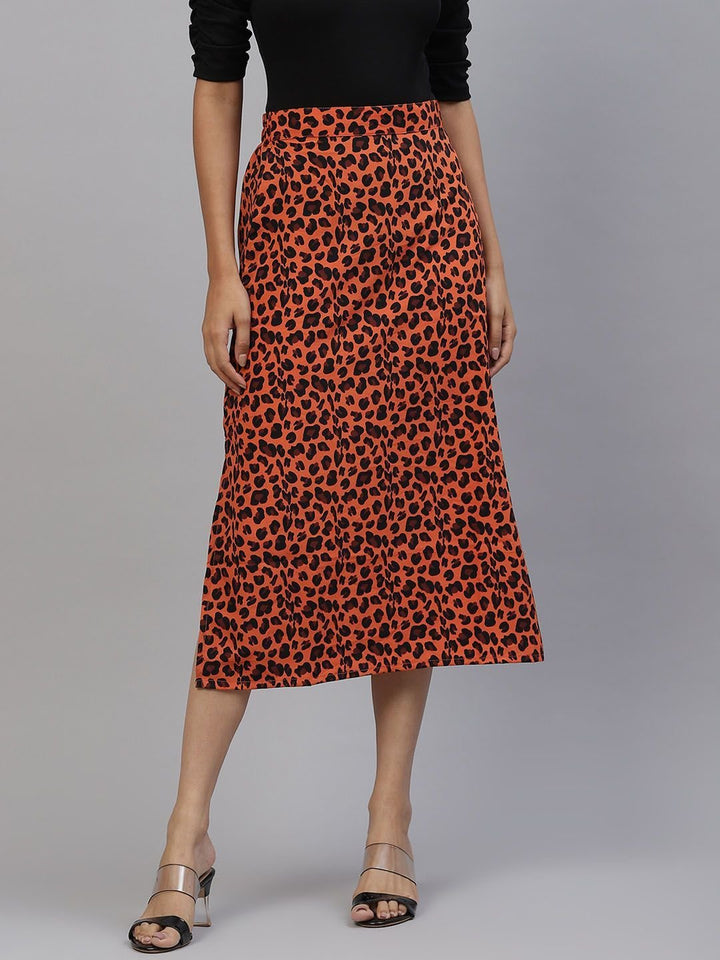 plusS Women Orange  Black Animal Printed A-Line Midi Skirt