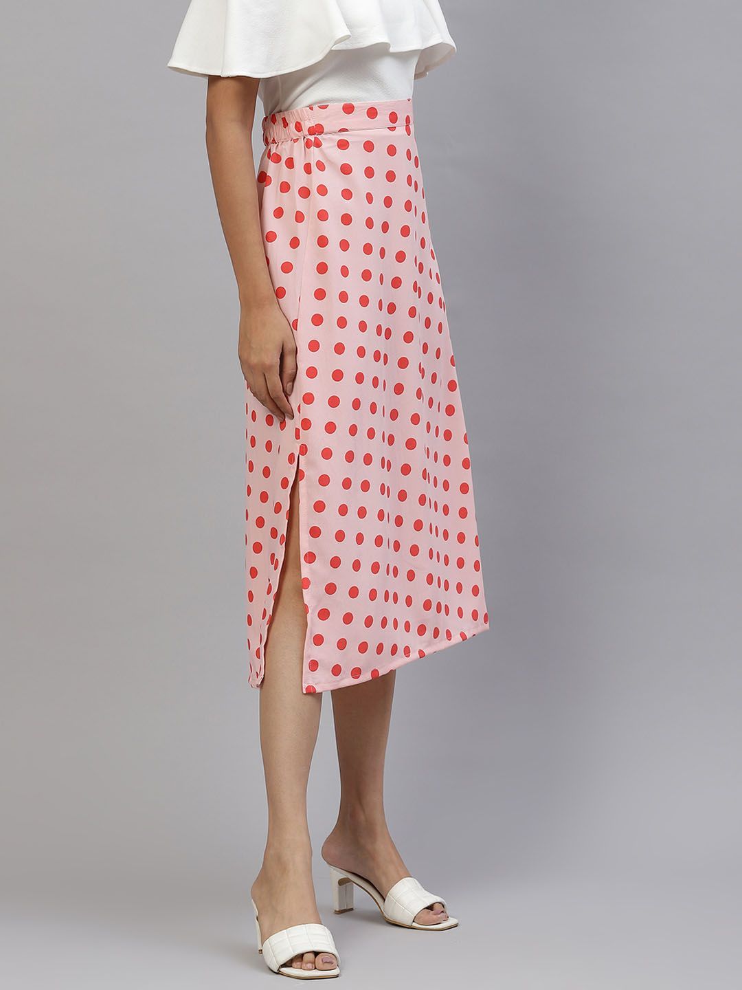 plusS Women Peach-coloured  Orange Polka Dots A-Line Midi Skirt