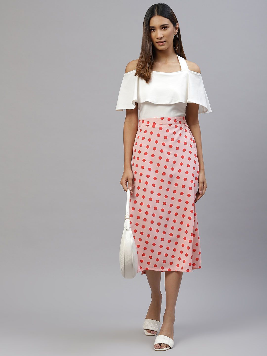 plusS Women Peach-coloured  Orange Polka Dots A-Line Midi Skirt