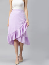 plusS Women Lavender  White Polka Dots Print Wrap Midi Skirt With Ruffles Detail