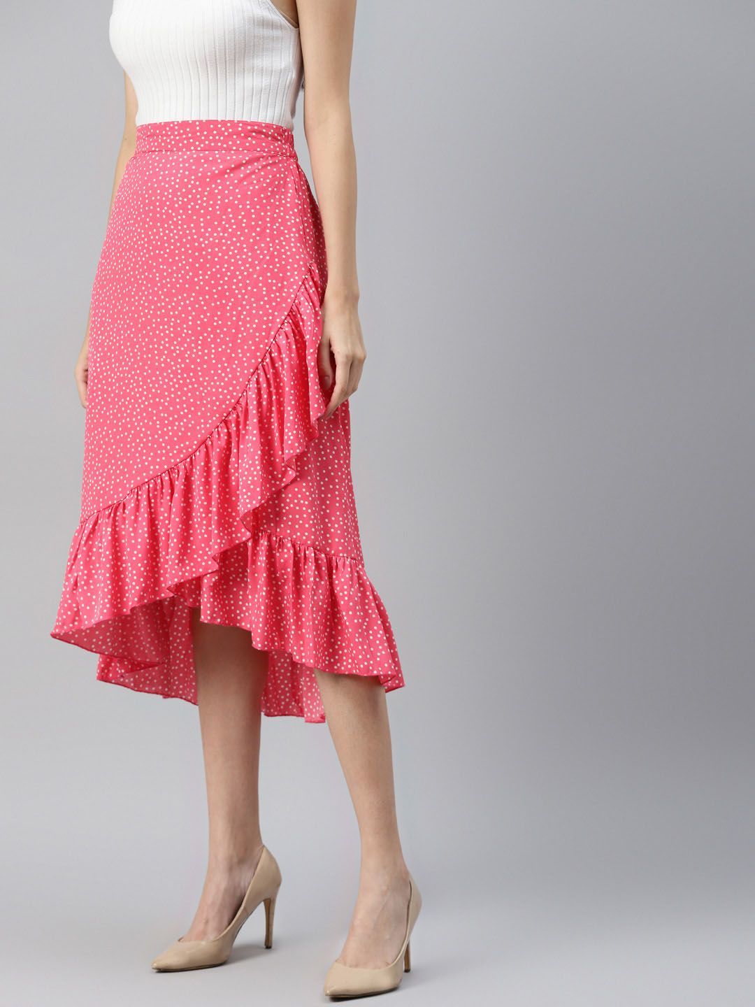 plusS Pink Printed Midi A-Line Skirt With Tulip Hem