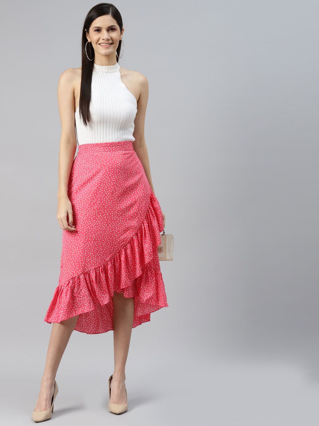 plusS Pink Printed Midi A-Line Skirt With Tulip Hem