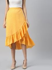 plusS Women Yellow Solid A-Line Midi Skirt