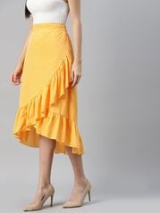 plusS Women Yellow Solid A-Line Midi Skirt