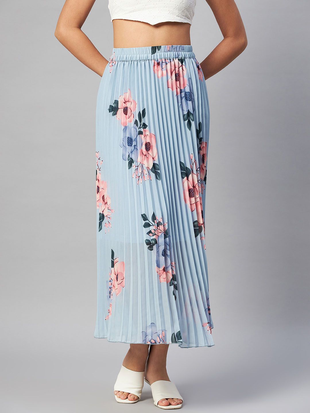 plusS  Blue  Pink Floral Printed Accordion Pleats Maxi Flared Skirt