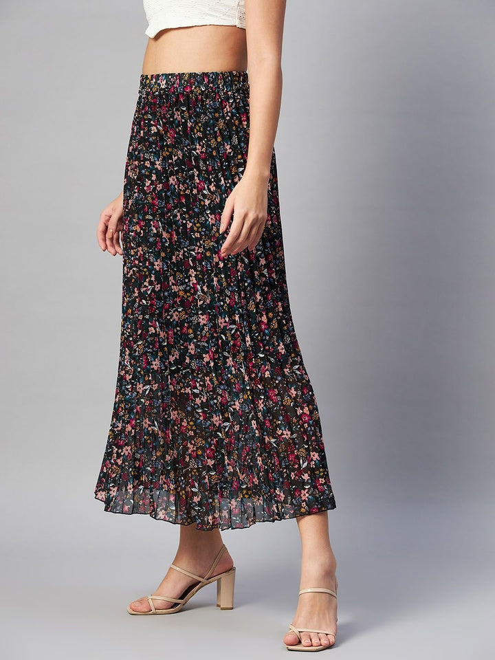 plusS Black Floral Printed Accordion Pleats Midi Flared Skirt