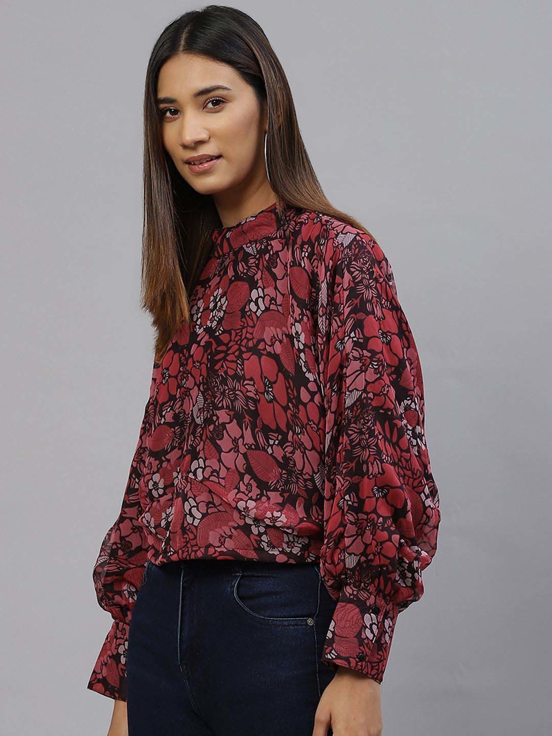 plusS Red  Maroon Floral Print Mandarin Collar Top