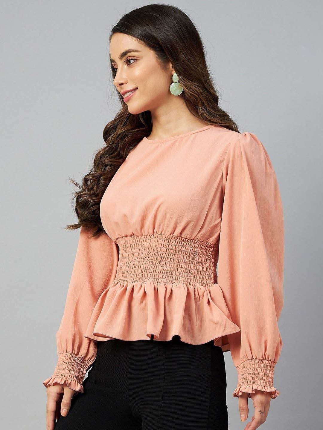 plusS Peach-Coloured Solid Smocked Top