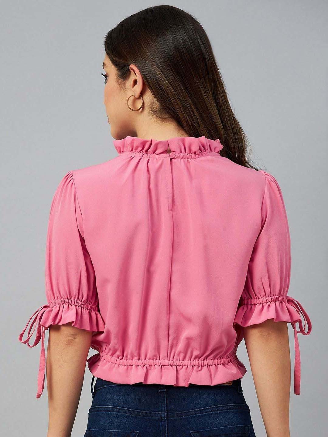 plusS Pink Solid Mandarin Collar Blouson Top