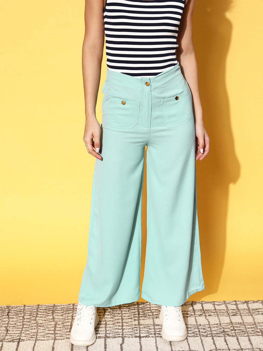 plusS Women Sea Green Solid Resort Wear Trousers