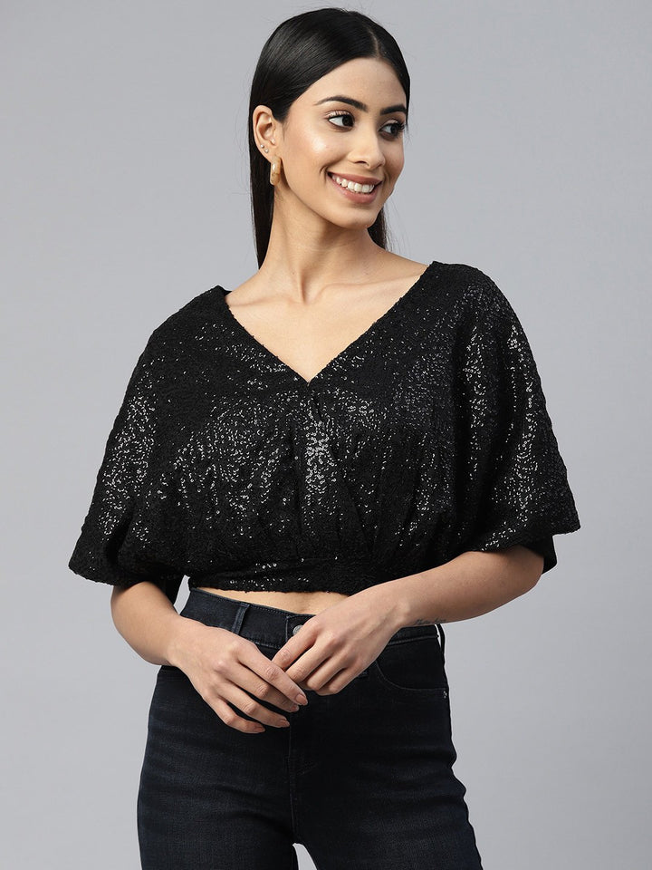 plusS Black Embellished Georgette Wrap Crop Top