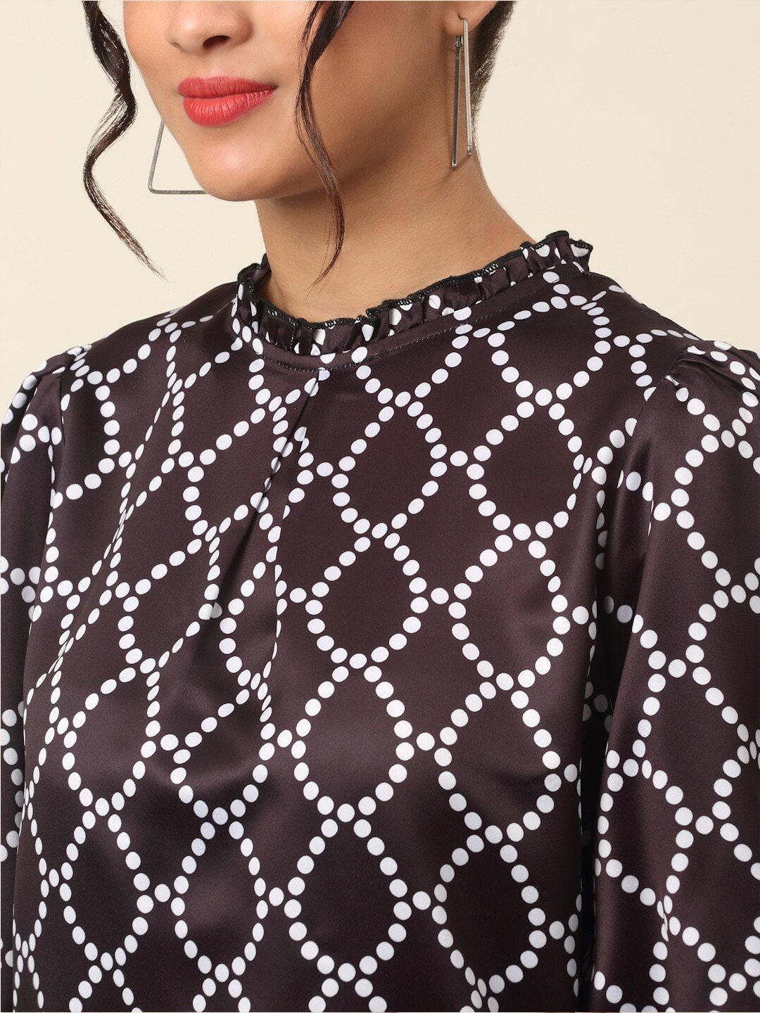 plusS Black Geometric Print Mandarin Collar Bell Sleeve Top