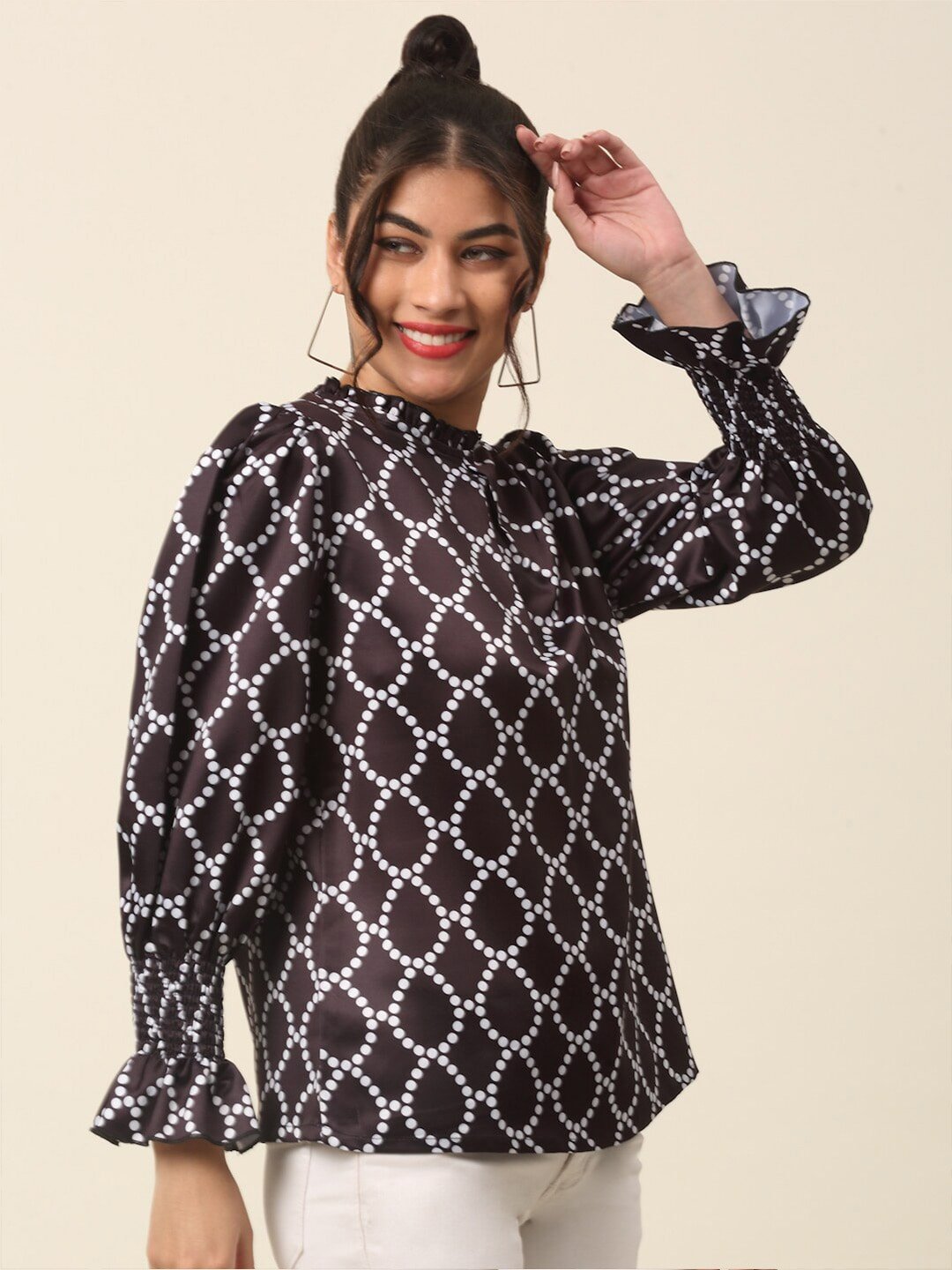 plusS Black Geometric Print Mandarin Collar Bell Sleeve Top