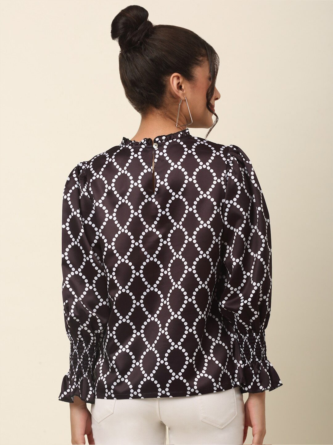 plusS Black Geometric Print Mandarin Collar Bell Sleeve Top