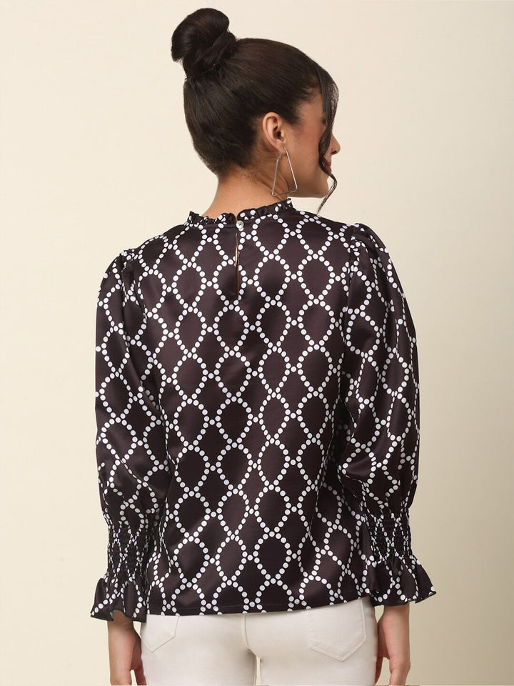 plusS Black Geometric Print Mandarin Collar Bell Sleeve Top