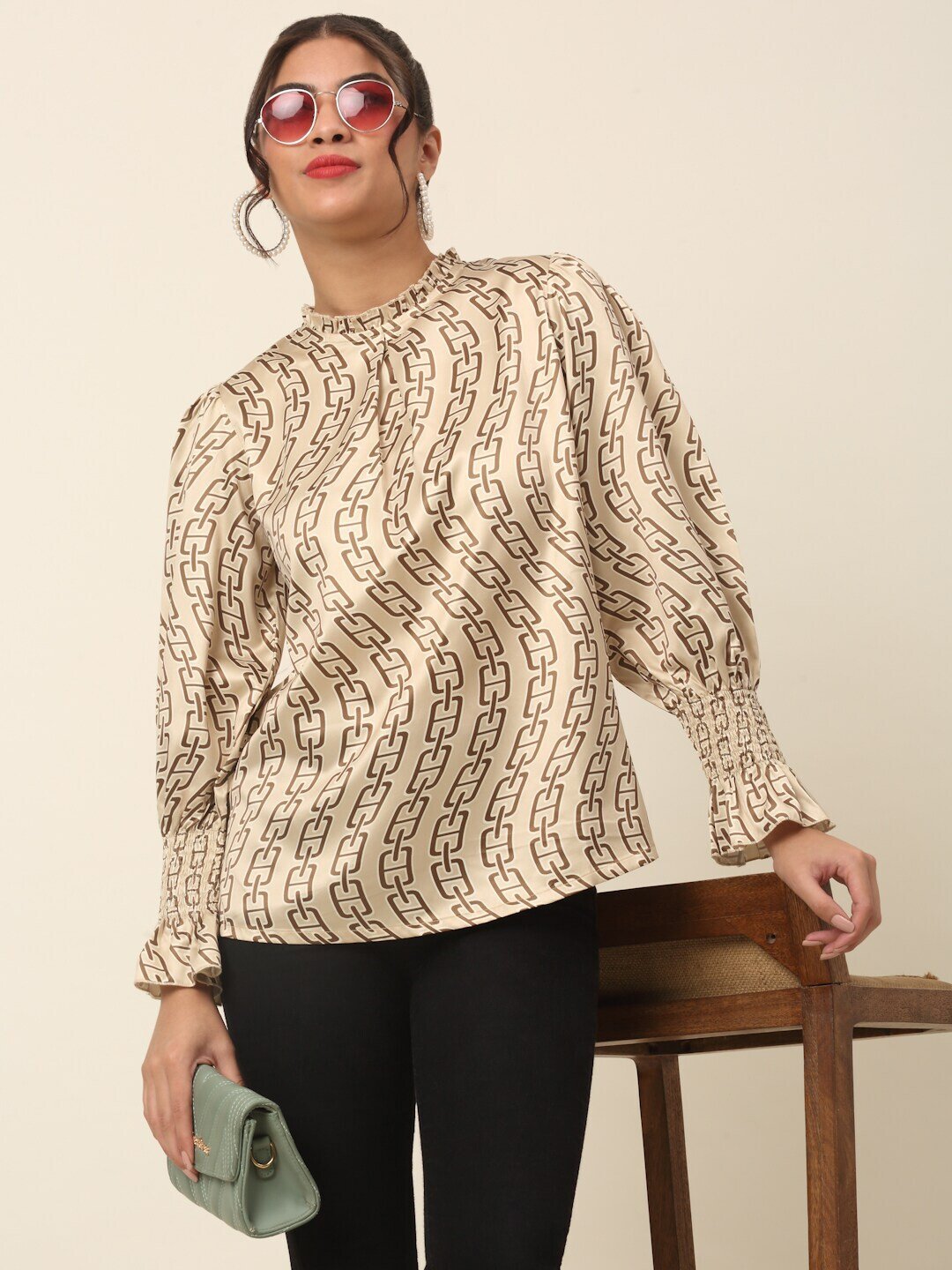 plusS Geometric Printed Puff Sleeve Regular Top