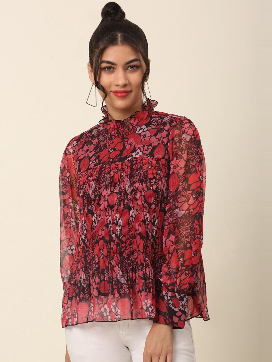 plusS Red Floral Printed High Neck Cuffed Sleeves A-Line Top