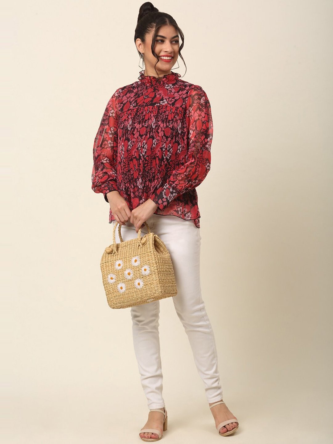 plusS Red Floral Printed High Neck Cuffed Sleeves A-Line Top